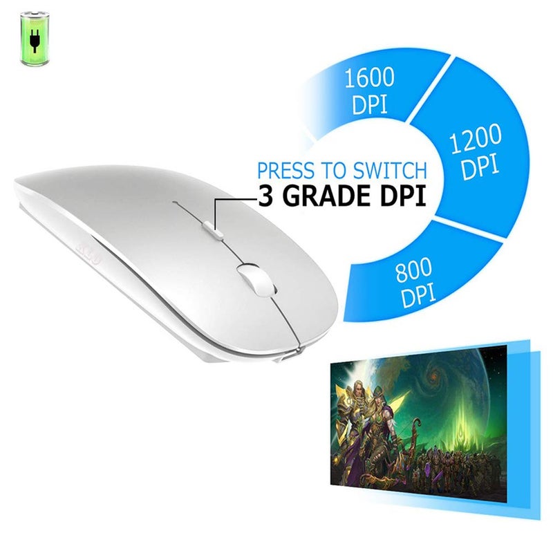 KLO Rechargeable Bluetooth Mouse for MacBook/MacBook air/Pro/iPad, Wireless Mouse for Laptop/Notebook/pc/iPad/Chromebook (Silver) - Image 2